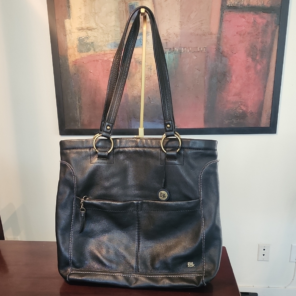 The Sak Black Pebbled Leather Tote Shoulder Bag Brass Hardware